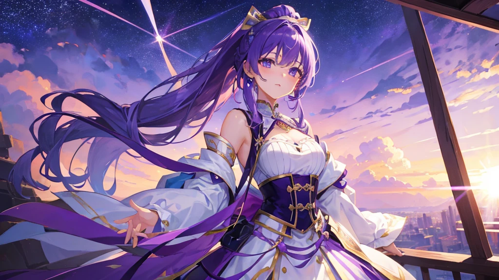beautiful girl, purple hair, tape clip, long hair, two ponytail, purple and white royal clothes, start sky, 8k resolution, sky, galaxy