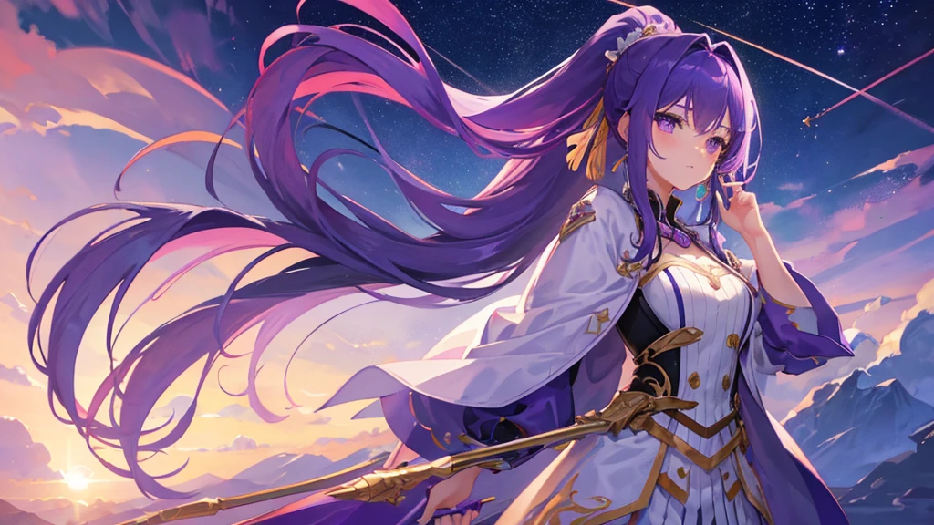 beautiful girl, purple hair, tape clip, long hair, two ponytail, purple and white royal clothes, start sky, 8k resolution, sky, galaxy
