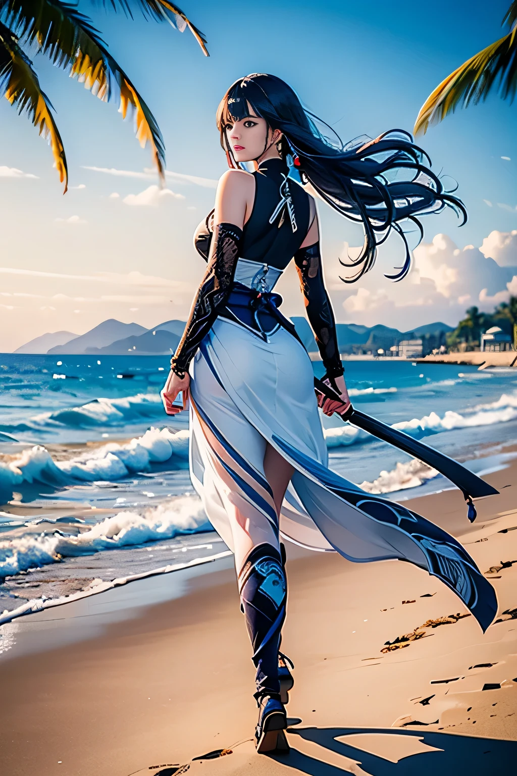 vulgar,((Raiden Shogun in Genshin Impact)),solo,((semi long beautiful dark blue hair,beautiful blue eyes)),
low angle,from below, ((masterpiece, highest resolution,best quality)), (illustration),(white beautiful elegant long knit sweater one piece dress),(walking around the beach),gleaming skin,wet,
innocent smile, white over-kneehighs,Lace chalker, wristband, fingerless gloves, over-kneehighs,
Lace chalker, diamond necklace,wristband, fingerless gloves, earrings, windy,cinematic lighting and pause, beach, sand, blue sky, waves, coconut tree,fish,boat,sea gull,