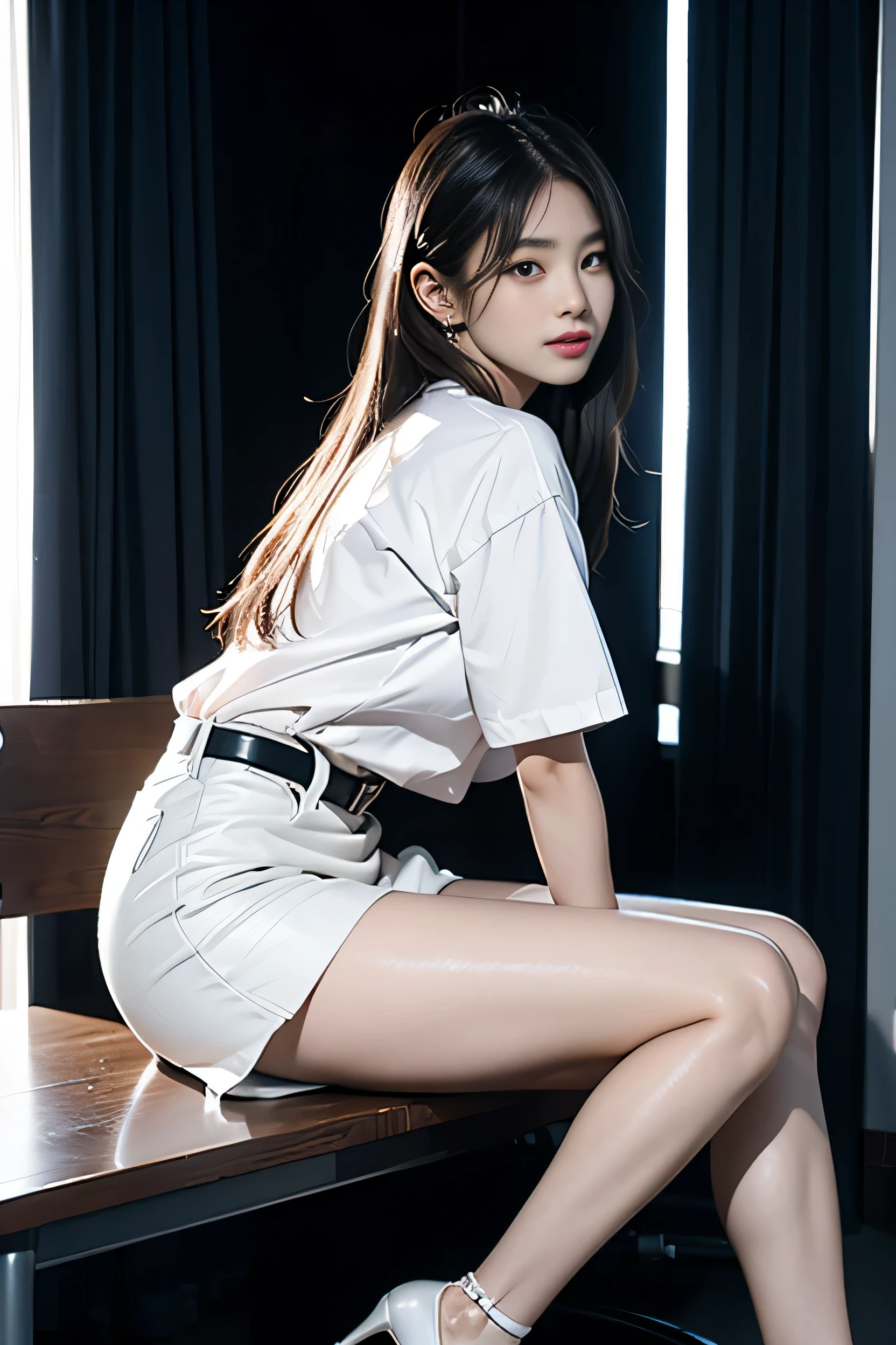 ((from the side)), 8 thousand, masterpiece, original photo, best quality, Detail:1.2),lifelike, Extremely Detailed CG unified 8 thousand wallpapers, depth of field, movie lights, lens flare, ray tracing, (an exceptionally beautiful face, beautiful lips, beautiful eyes), intricate Detail face, ((ultra Detailed skin)) 1 girl, in the dark, deep shadows, beautiful korean girl, Korean trend idol,(very slim body type:1.3), (bright smile), (City night, (neon lights), (night), white diamond earrings, diameter bracelet, Dia Neckrace, black pantyhose, clear eyes, walk , front view, facing forward, (big eyes), ((race)), Leg exposure, office, office, high heel, white shirt, black skirt, long legs, It's not on the desk