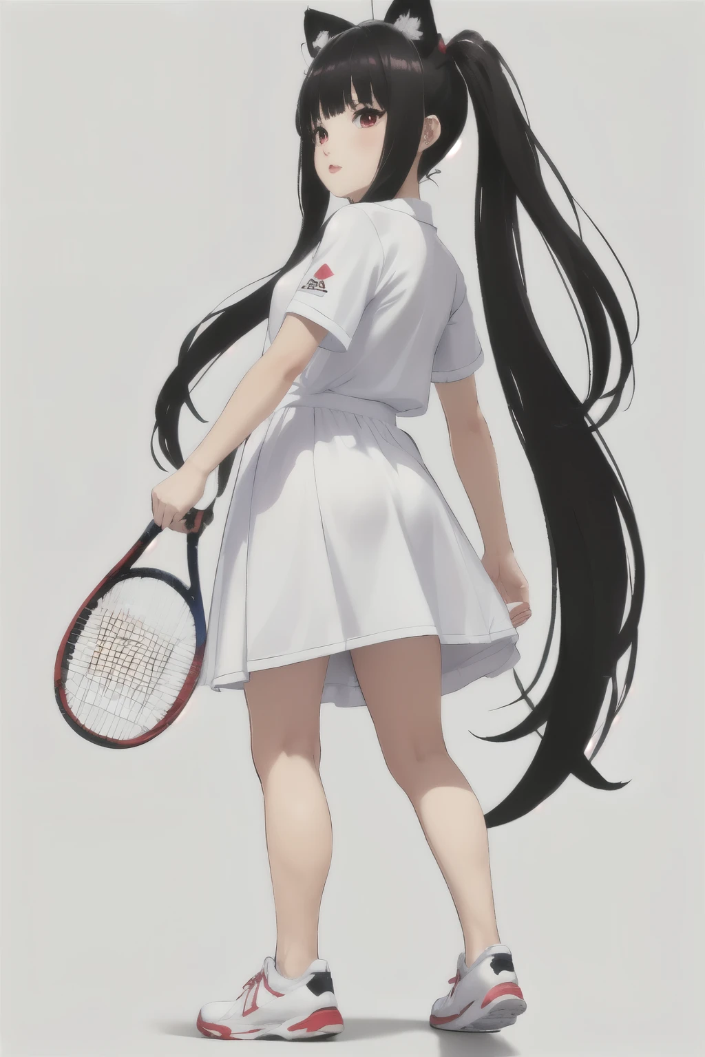 1 chica, solo, ((((camisa polo blanca, Zapatillas blancas, ropa de tenis, minifalda blanca)))), obra maestra, La mejor calidad en el mejor de los casos., siendo realista, ultra-detallado, ((pieles brillantes, transpirado:1.4)), absurdo, mirando al espectador, ,((long hair slightly wavy slightly past the shoulders, black bangs, small black pigtails on the sides, cute cat ears, beautiful thin red eyes,)),,esbeltez,dynamic lights and shadows,A high resolution,sharp focus,profundidad de campos,pupilas agudas, alumno realista,((((Pecho grande),(Muslo grueso:1.0)))),((exteriores,Skysky cancha de tennis))