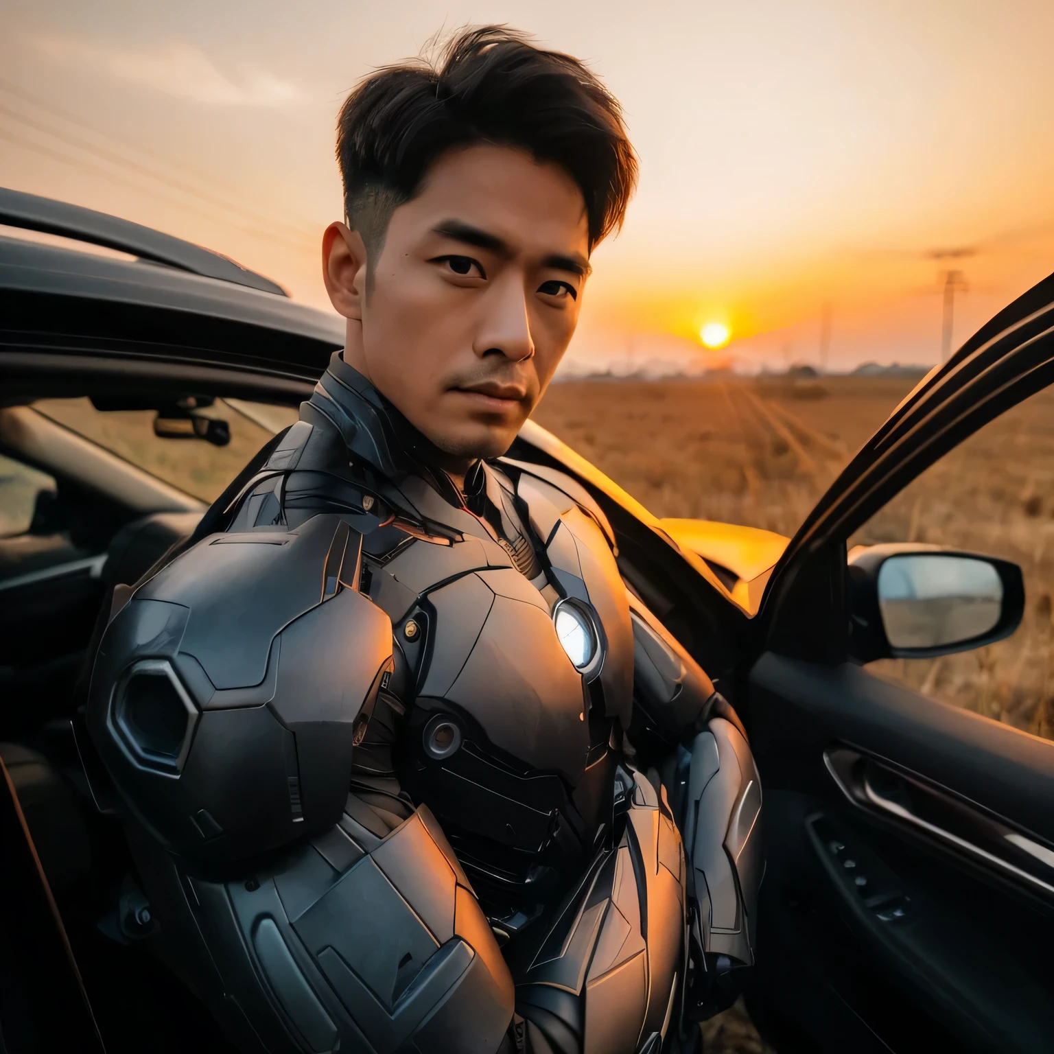 (backshoot photography), (beautiful horizon), (sunset mood), (low sunset), a asian man with neat undercut hair(,) standing next to a car(,) standing at the front of the car(,) in a field at sunset(,) standing in a barren field(,) looking at the camera(,) beautiful horizon(,) handsome pose(,) ultrawide angle camera(,) promotional photo. chest in sci-fi High Tech Iron Man Suit Form.