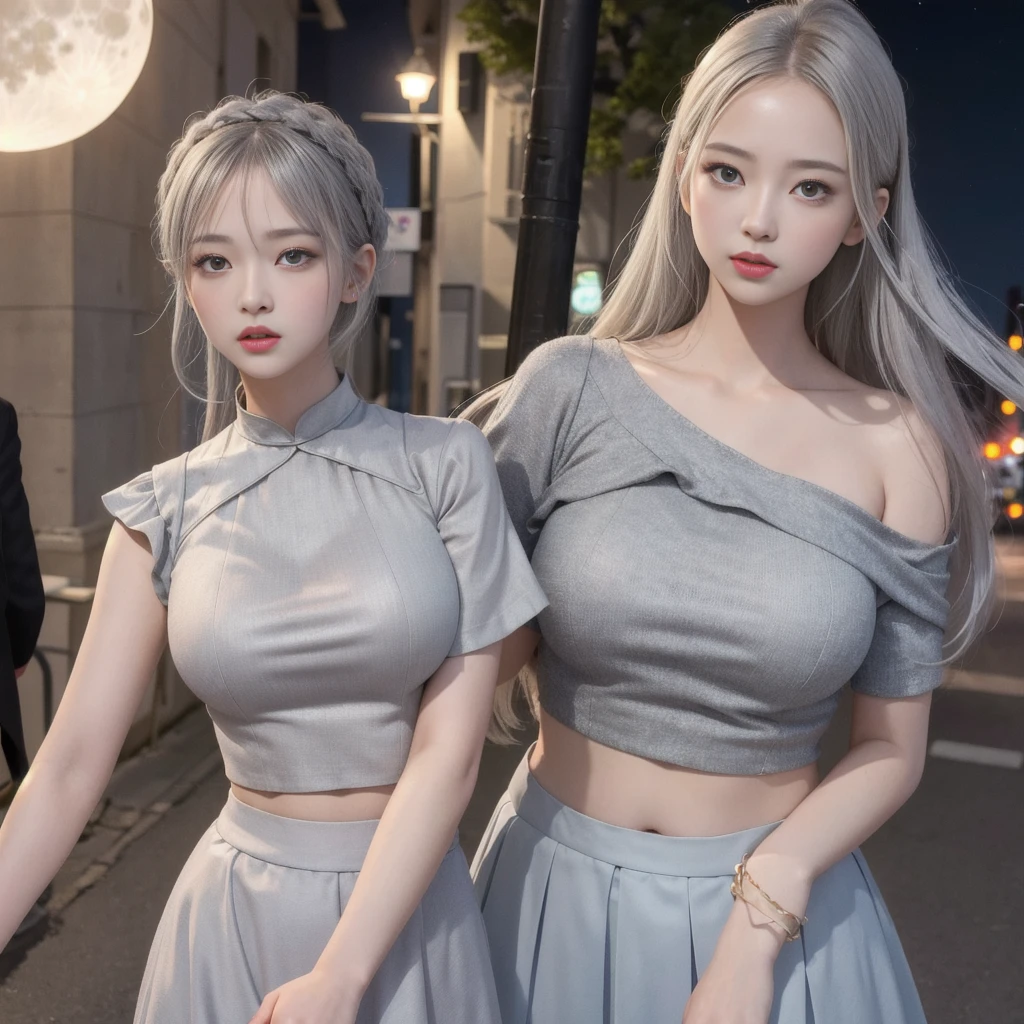 8k RAW photo, highest quality, masterpiece, ultra high resolution, realistic, girl、(((one person)))、gray hair,、 shining eyes、crop top、flare skirt、parted lips、blush、D cup bust、night、outdoor、street corner、full moon