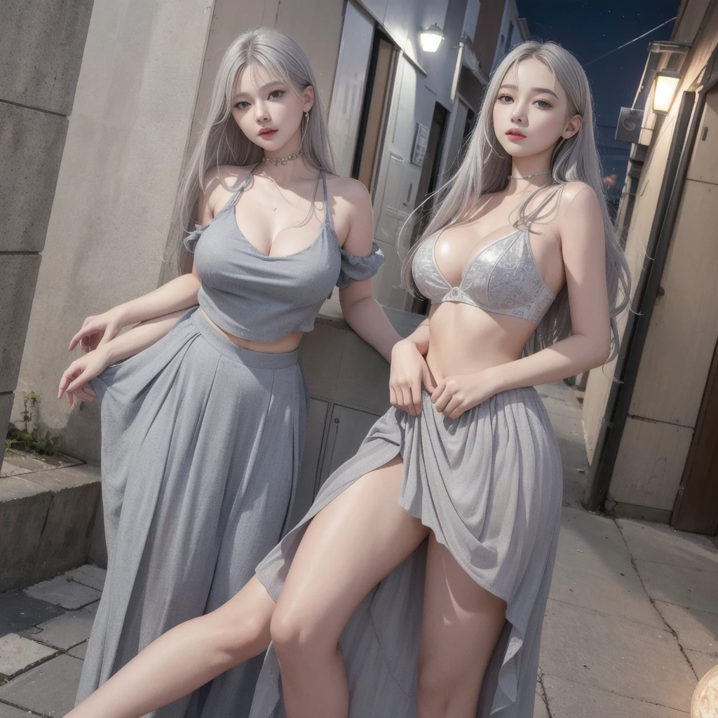 8k RAW photo, highest quality, masterpiece, ultra high resolution, realistic, girl、(((one person)))、gray hair,、 shining eyes、crop top、flare skirt、parted lips、blush、D cup bust、night、outdoor、street corner、full moon