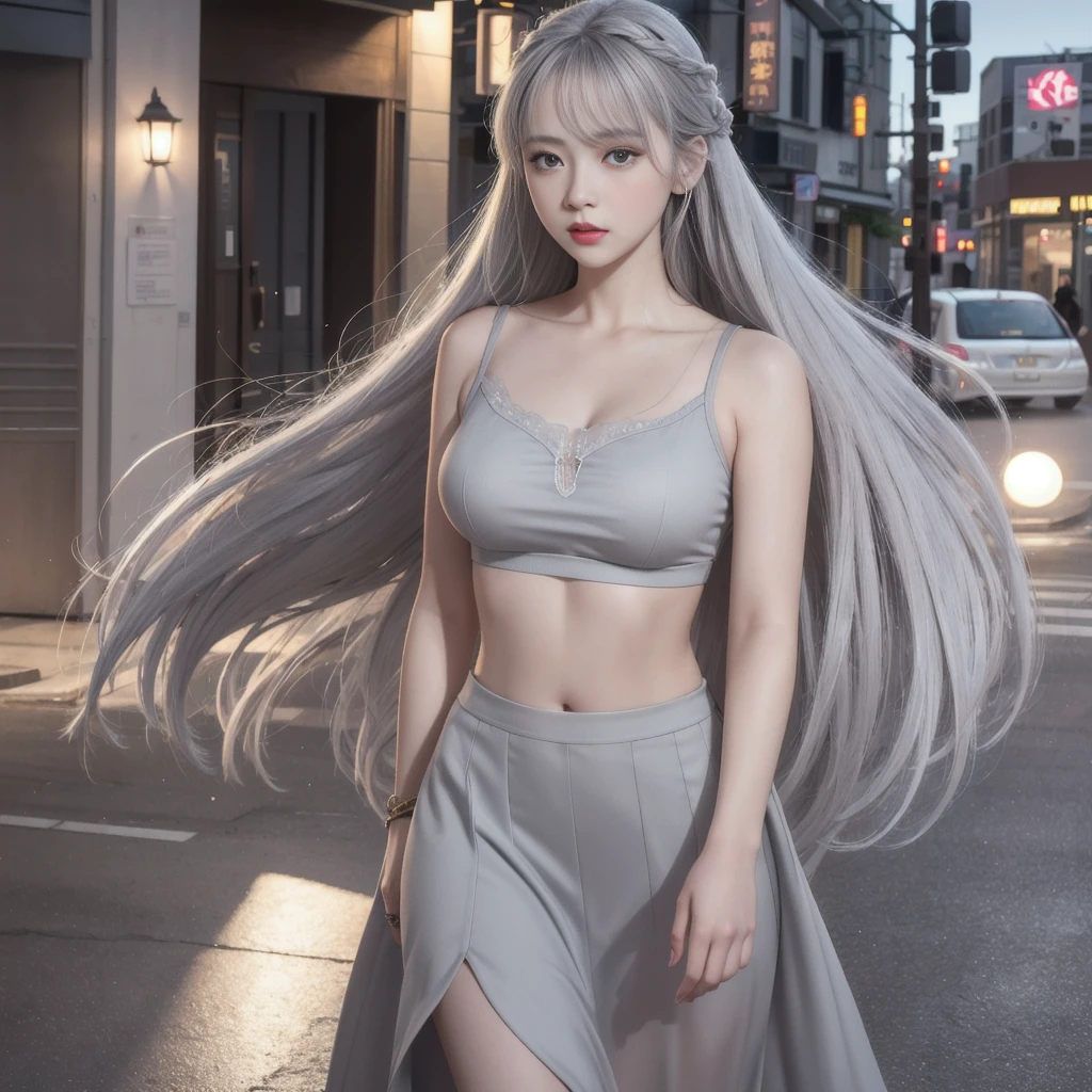 8k RAW photo, highest quality, masterpiece, ultra high resolution, realistic, girl、(((one person)))、gray hair,、 shining eyes、crop top、flare skirt、parted lips、blush、D cup bust、night、outdoor、street corner、full moon