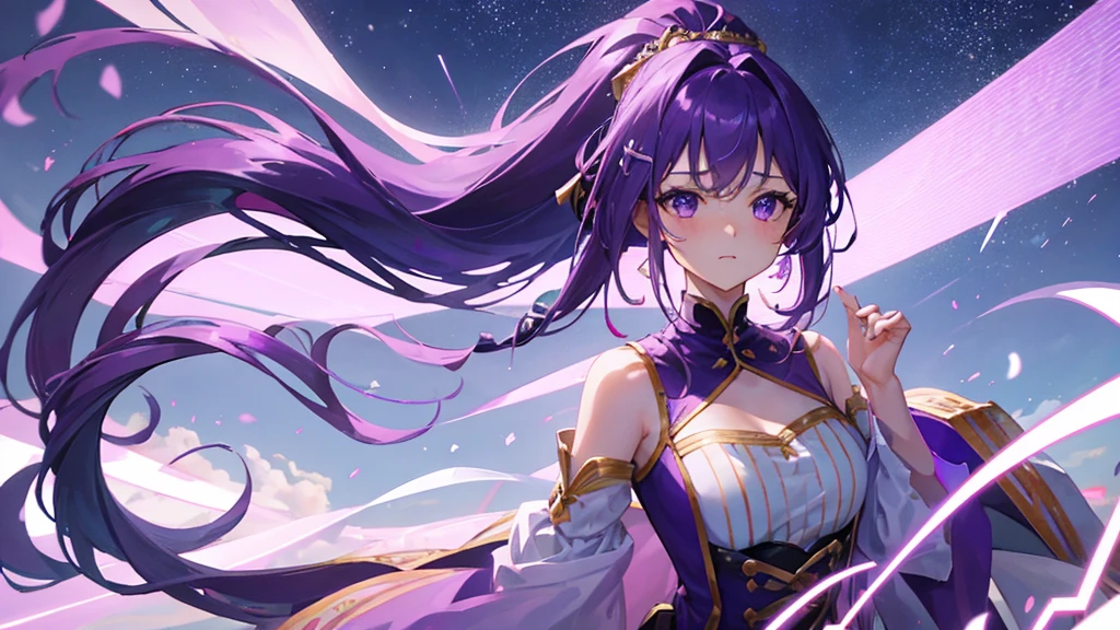 beautiful girl, purple hair, tape clip, long hair, two ponytail, purple and white royal clothes, start sky, 8k resolution, sky, galaxy