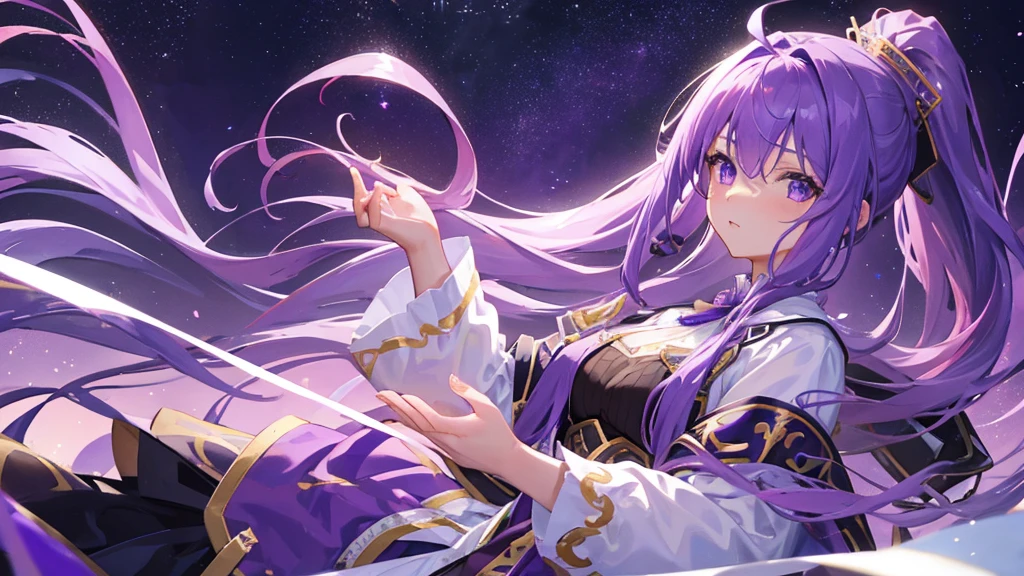beautiful girl, purple hair, tape clip, long hair, two ponytail, purple and white royal clothes, start sky, 8k resolution, sky, galaxy