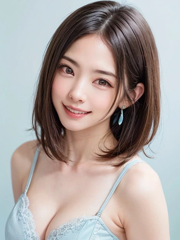 (software:1.8、masterpiece, highest quality),1 girl, alone, have, realistic, realistic, looking at the viewer, light brown eyes, Brunette short bob hair with highly detailed shiny hair, short hair:1.8、Beautiful face in symmetry、In underwear:1.6, Whity, lips, bangs, outdoor, closed mouth, Upper body、Big eyes、eyelash、((Very simple light blue background:1.8))、(((bangsのあるshort hair、Big eyes、big and full 胸、look at the audience、beautiful beauty、show me your ears、long neck、smile、please close your mouth and smile)))、ideal body proportions、((({Huge|big|Hugeな|mega} Chest 2, cleavage:2、幸せなsmile、beautiful teeth、)))、big 、lie on your back on the bed