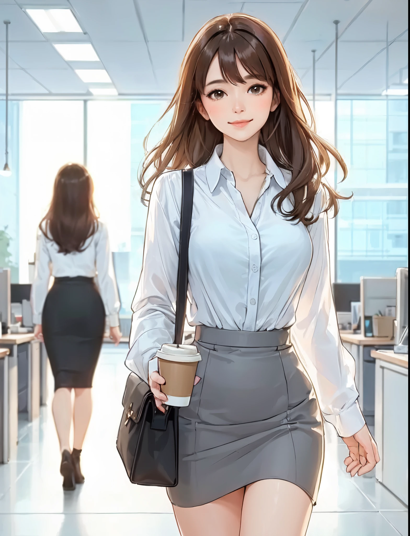 1lady solo, walking slowly, office worker, dress shirt, pencil skirt, mature female, /(brown hair/) bangs, light smile, (masterpiece best quality:1.2) delicate illustration ultra-detailed, large breasts BREAK holding a coffee cup BREAK (modern office indoors), detailed background