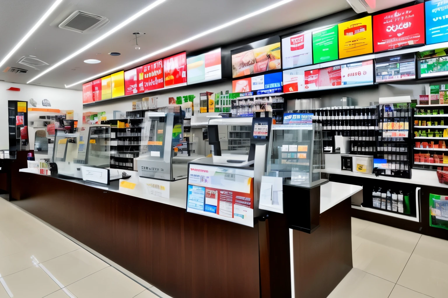 (((no human ))), Inside a convenience store, The counter and cash register are visible.