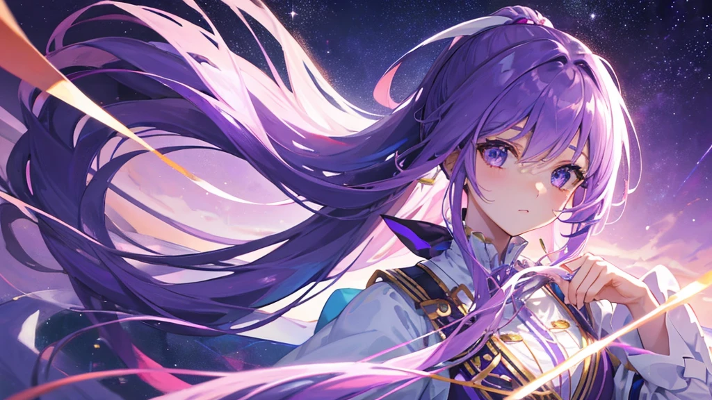 beautiful girl, purple hair, tape clip, long two ponytail, purple and white royal clothes, start sky, 8k resolution, sky, galaxy