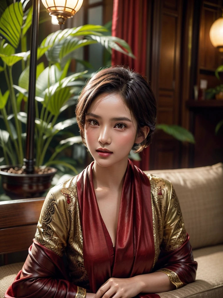 a cinematic silhouette of an Indonesian girl with short hair lying on the sofa and facing the camera wearing authentic, sexy traditional clothing, the top is slightly open and there is a brown and dark red shawl, the place is in a cafe and behind it there are aesthetic plants. the photo is very detailed