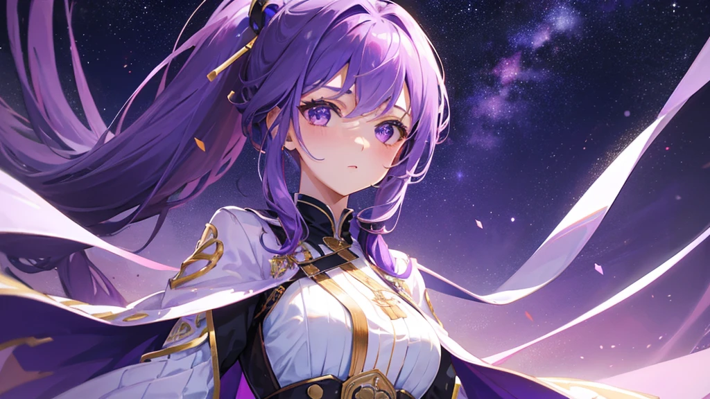 beautiful girl, purple hair, tape clip, long two ponytail, purple and white royal clothes, start sky, 8k resolution, sky, galaxy