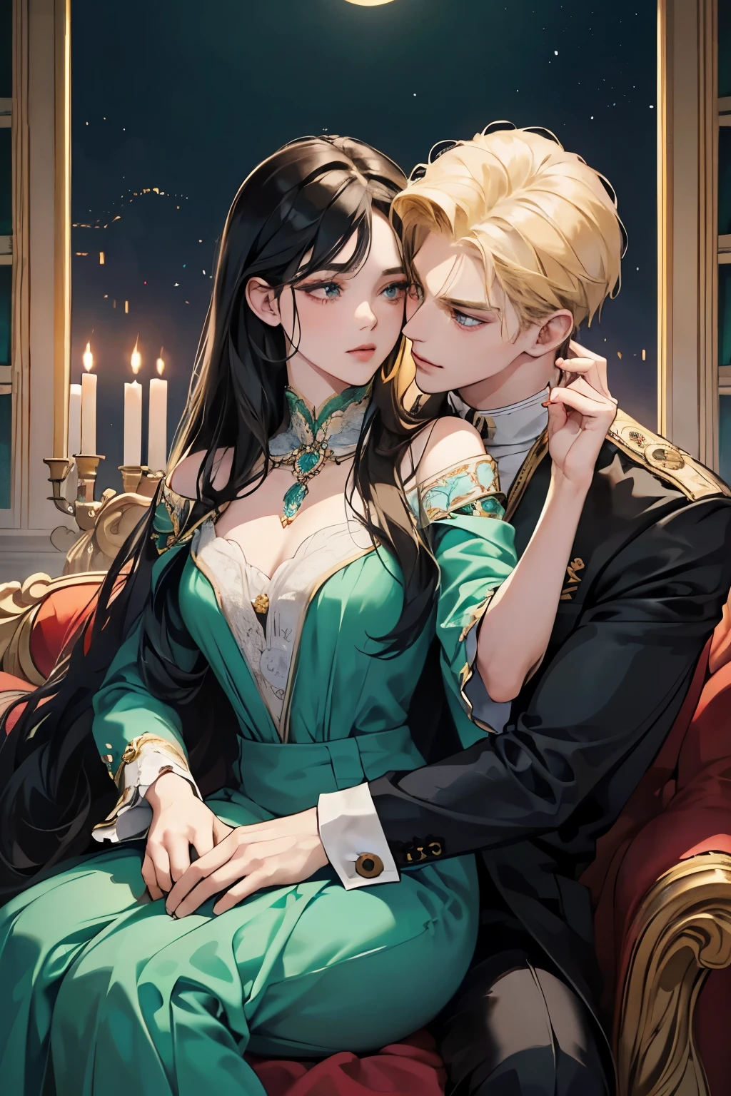 (masterpiece, a couple, high quality, best quality) The royal couple during the dance, The Guy is a perfect blond, blue-eyed aristocrat gave the impression of untouchability due to his overly bright facial features.A girl with long black hair, red eyes. Very close to each other. A girl in a beautiful dark green dress, a beautiful figure, very close to a guy, hugging excitedly, moonlight, beautiful facial features, desire, novel, couple, elegance. the cover of a novel for adults, good quality, sensual pose, lustful looks. the colors of the King,beautiful androgynous prince, knight and princess, delicate androgynous prince, romanticism art style, anime key visual of elegant, royal portrait, a girl with long black hair, resin-colored hair, red eyes, fair skin, light green dress. Background: The royal garden at night. Moon Lighting. Girl black hair red eyes, guy golden hair blue eyes, age 25, detailed face, manly man passionately hugs a girl, a girl is a princess of an enemy country with long black hair and red eyes, a man with golden hair and blue eyes, contrasting colors, passionate relationship, a girl in a green fitted dress with a neckline, a , male king in royal costume, after the ball, background of the royal garden, the lighting is cold, intimacy between the couple, passion. A very sexy man, . A girl is sitting on a man's lap, a passionate pose, a beautiful girl, a lot of details. Blond man, dark-haired girl, attraction between couple, sexy pose, addiction. a man desires a girl, a light hickey on a girl's chest, pleasure, lust, a blond man passionately hugs a dark-haired girl