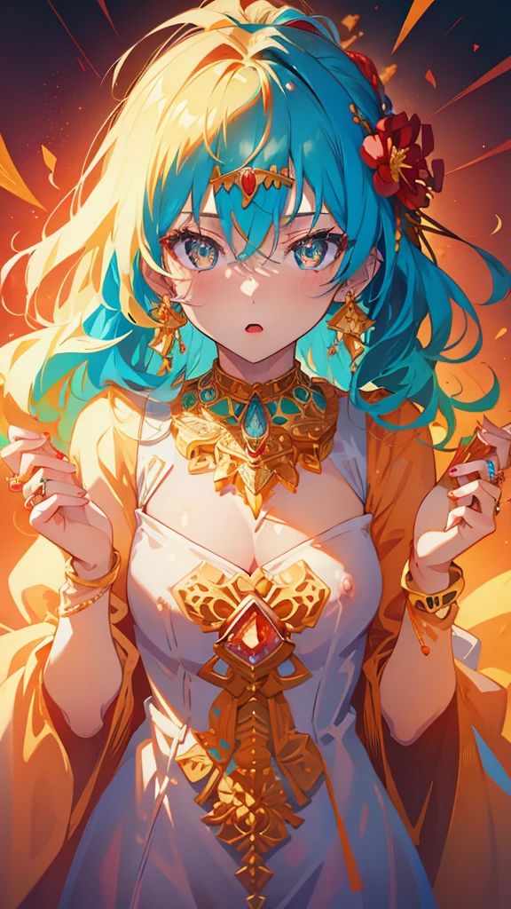 1girl, anime style, masterpiece, best quality, high saturation, sharper image, detailed, intricate detail, (jewelry:1.5), flowers, dynamic pose, jewelry, jewelry, dynamic clothes, dynamic hair color, dynamic hair color, nsfw, nsfw, nsfw