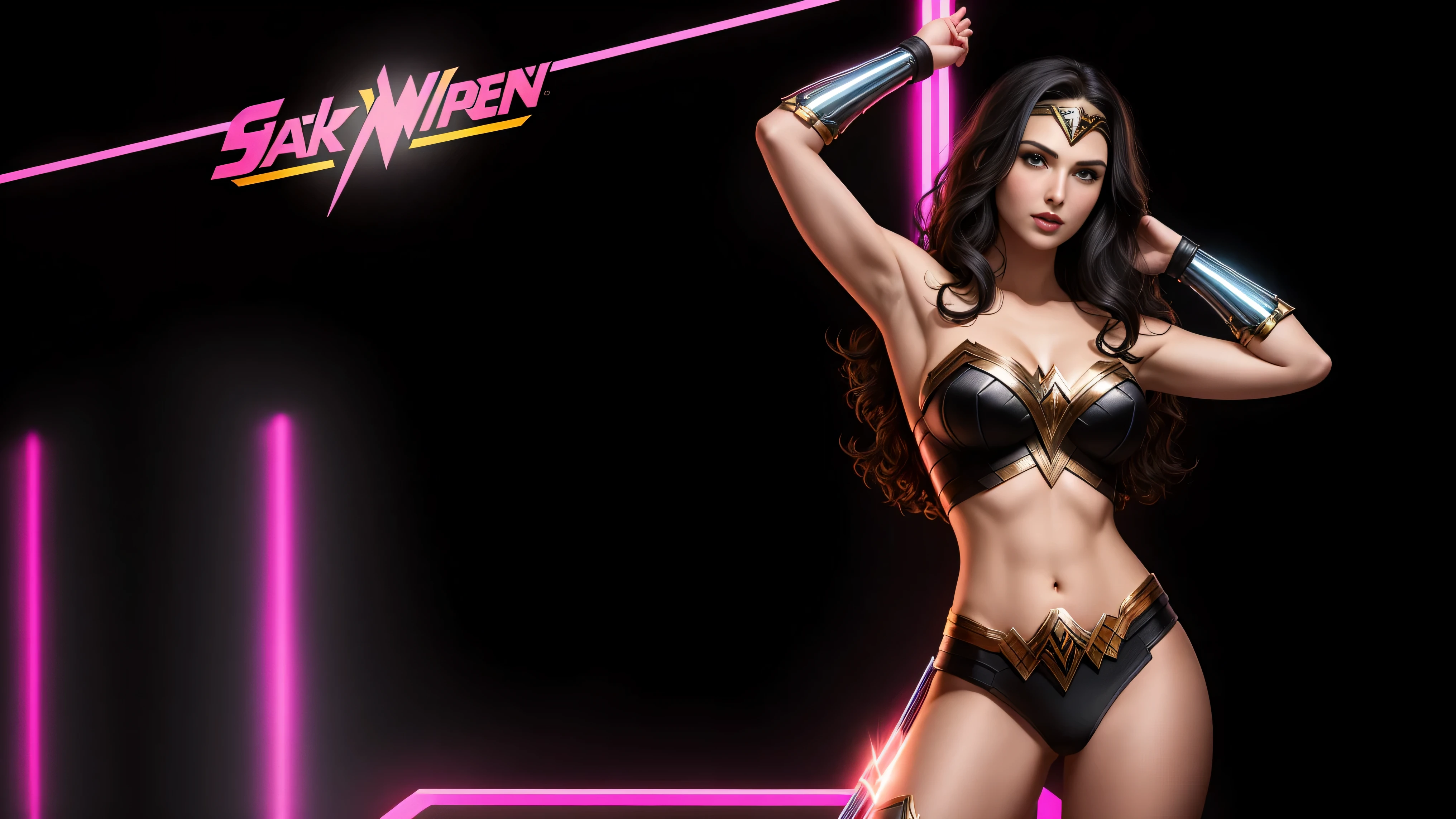 there IS GAL GADOT AS WONDER WOMAN standing, long hair, 3 d neon art of a womans body, neon-noir background, cyberpunk femme fatale, seductive cyberpunk dark fantasy, cyberpunk strip clubs, cyberpunk 20 y. o model girl, oppai cyberpunk, banner, high definition cgsociety, cgsociety masterpiece, trending on cgstation, kda, random hair, looking at camera, gigantic breasts, cleavage, (high detailed skin:1.2), 8k uhd, dslr, super lighting, high quality, film grain, high res, highly detailed, hyper realistic, beautiful face, beautiful body, beautiful eyes nose lips, alluring expression, very bold, upper visible, full body photo, standing legs apart, pale translucent glowing skin, most beautiful face, cute, (well defined pubic hair:1.2)), (dark plain black background:1.4))