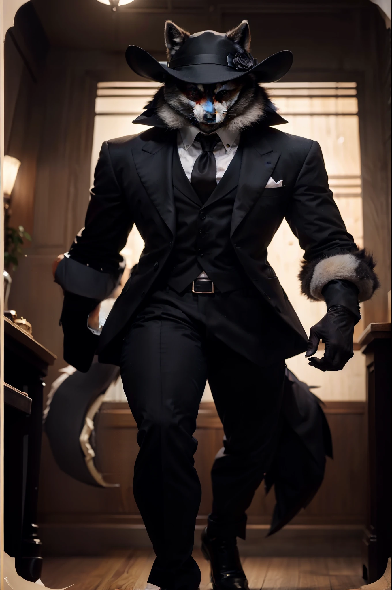 a close up of a person in a suit and hat with a wolf on it, he is wearing a suit, dark suit, in a strict suit, in his suit, in strict suit, handsome anime pose, dressed in a suit, a raccoon wearing formal clothes, wearing a black noble suit, fursona wearing stylish clothes, sfw version, in a suit