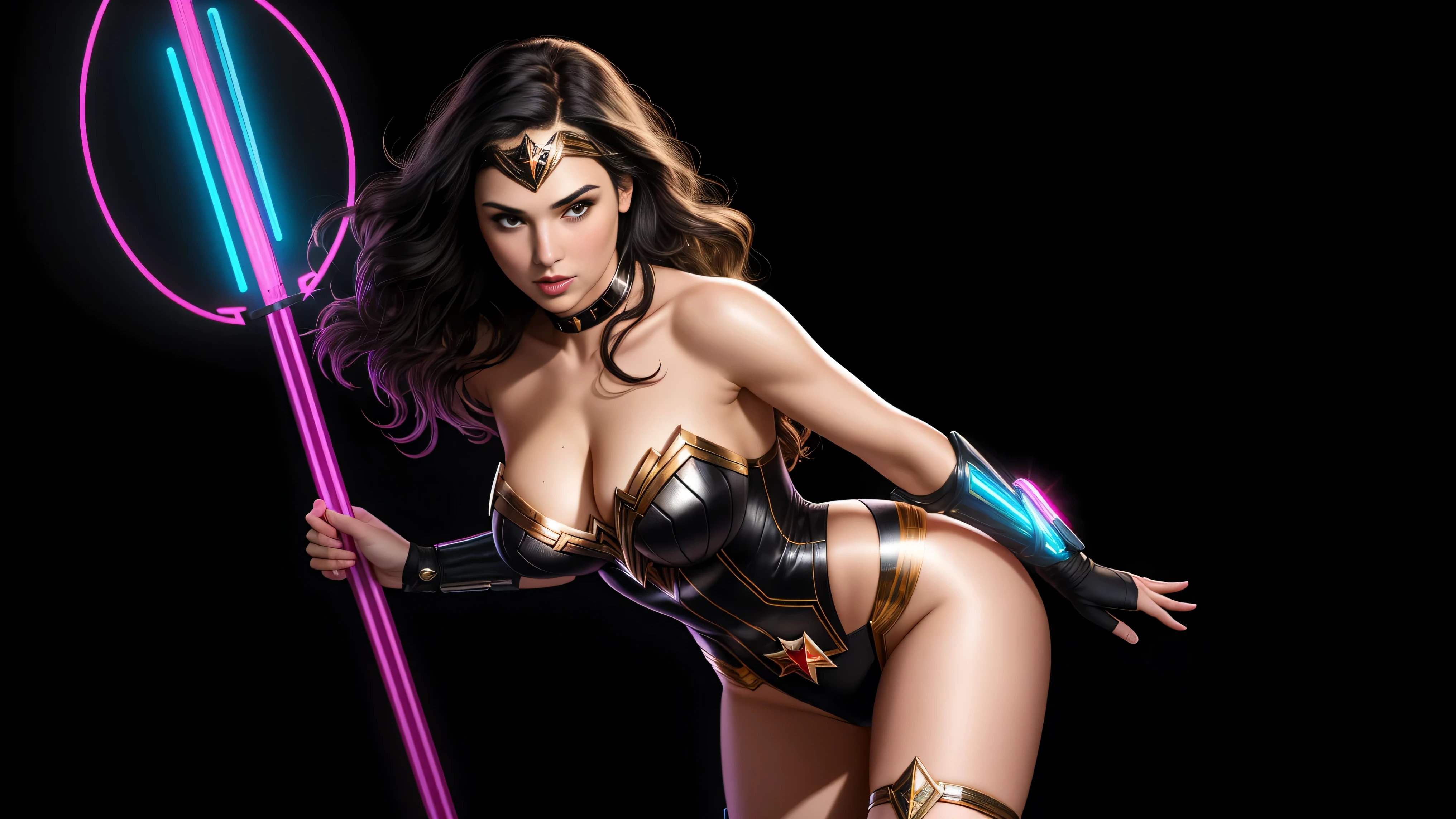 there IS GAL GADOT AS WONDER WOMAN standing, long hair, 3 d neon art of a womans body, neon-noir background, cyberpunk femme fatale, seductive cyberpunk dark fantasy, cyberpunk strip clubs, cyberpunk 20 y. o model girl, oppai cyberpunk, banner, high definition cgsociety, cgsociety masterpiece, trending on cgstation, kda, random hair, looking at camera, gigantic breasts, cleavage, (high detailed skin:1.2), 8k uhd, dslr, super lighting, high quality, film grain, high res, highly detailed, hyper realistic, beautiful face, beautiful body, beautiful eyes nose lips, alluring expression, very bold, upper visible, full body photo, standing legs apart, pale translucent glowing skin, most beautiful face, cute, (well defined pubic hair:1.2)), (dark plain black background:1.4))