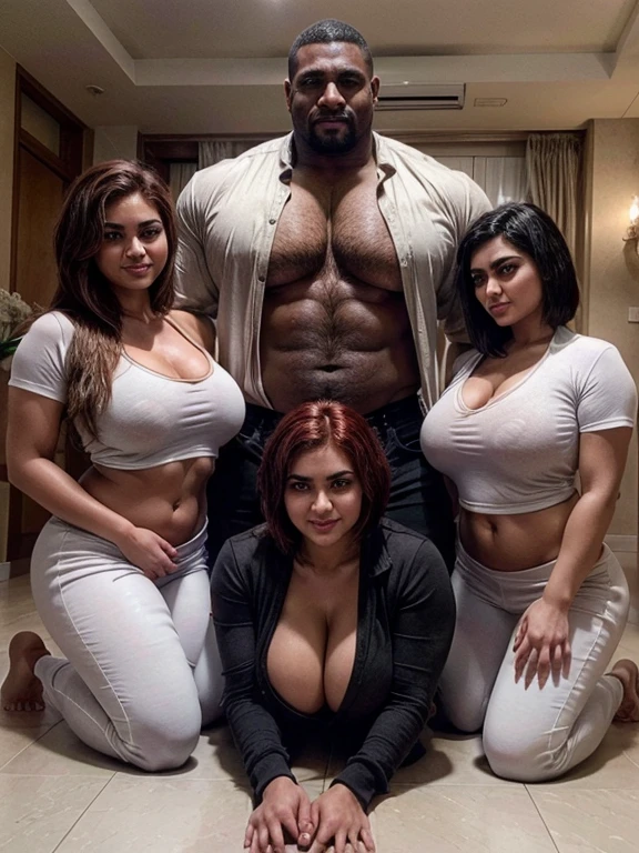 four persian girls with rich-auburn short hair wearing tight-shirts and long white jogging-pants  (the girls express lust and desire) (the girls smile)  (laying on-floor) (kneel in front of a huge muscular black african man) (the huge muscular black african man is grinning)
