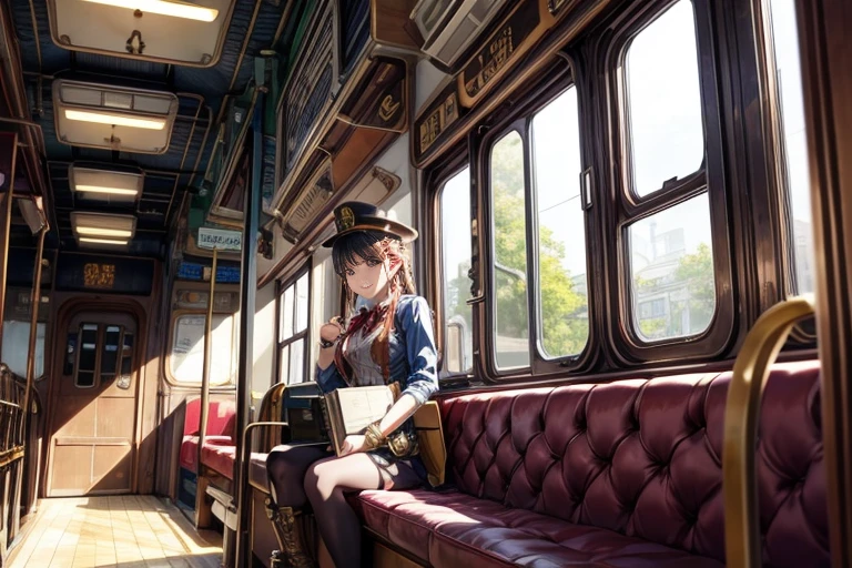 steampunk、Locomotive、bus、busの屋上に立つ美女