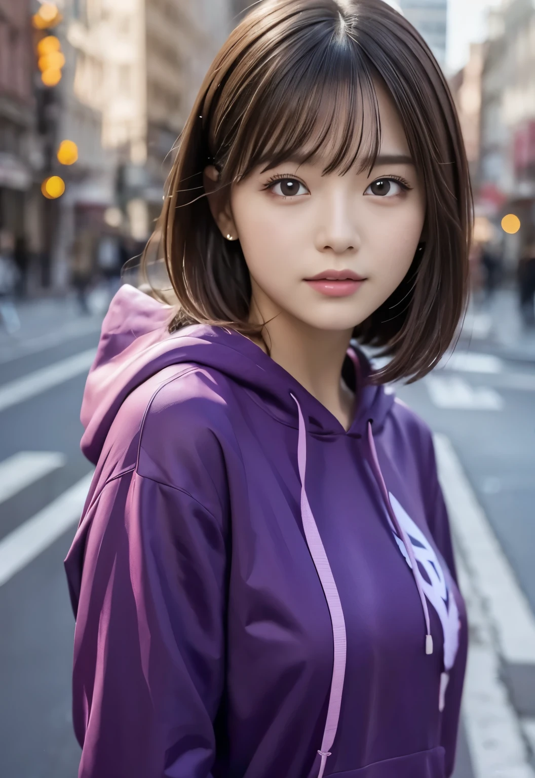 (masterpiece, best quality:1.1), (8k, raw photo, photo realistic:1.2, f22), (shiny skin), detailed skin, detailed face, detailed eyes, medium bob, BREAK, real world, intricate details, smil, BREAK, 1girl, (purple hoodie), BREAK, (city:1.4), BREAK