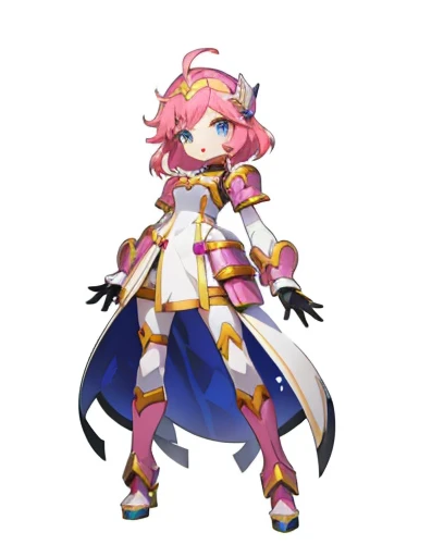 Pink hair and blue eyes、Anime character with white dress, anime stylized, Stylized anime, shining armor, knights of zodiac girl, Anime Character, anime character design, Anime Waifu, armor girl, made with anime painter studio, macross delta, anime style character, hero 2 d fanart artsation, [ Character Design ], chibi,
