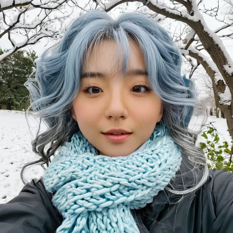 (high resolution, ultra-detailed, photorealistic), selfie of 1girl, sjang, tree branch blocking girl's face, wavy gray blue hair with bangs, cotton scarf, black anorak, winter, snow, trees, realistic face, accurate, beautiful