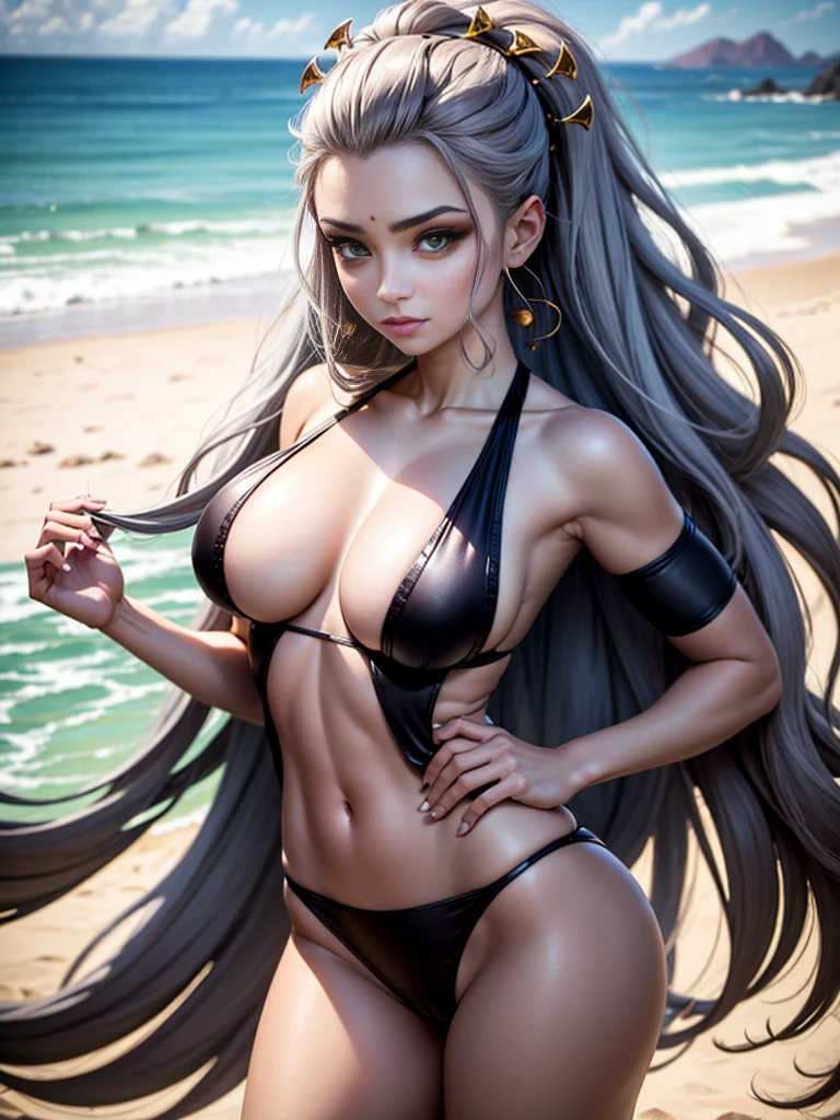 Elfa sexy, corpo tatuado, seios enormes, longos cabelos, body with accessories, pele branca, Red Demon Tail, chifres de fogo, fundo de praia com areia, ensolarado, tatuagem nos seios, joia raras, alta qualidade, 8k, advanced graphics, corpo oleoso, olhos verdes, brincos grandes, tiara dourada, detailed hands, dedos suaves, ray tracing, placa 4090, extremamente detalhado, Thin Hands, sensitive fingers, pele brilhosa, tatuagem de rena no corpo todo, cabelos extremamente longos, cabelos lisos,bikinis amarelo e preto,