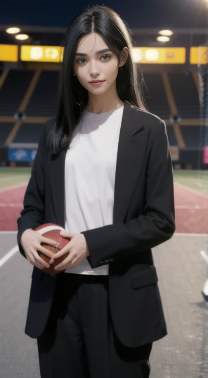 (8K, original photography, top quality, masterpiece: 1.2), (realistic, realistic: 1.37), ultra high resolution, (photon mapping: 1.2), Physically based rendering, 1 girl in (black hair: 1.3), double tails, a delicate face, (delicate eyes: 1.2), standing, looking at the audience, (cute little smile: 1.2), (happiness: 1.1), healing aura, (football field: 1.2), (evening: 1.2), Sweatpants, open blazer, White T-shirt, soft light,