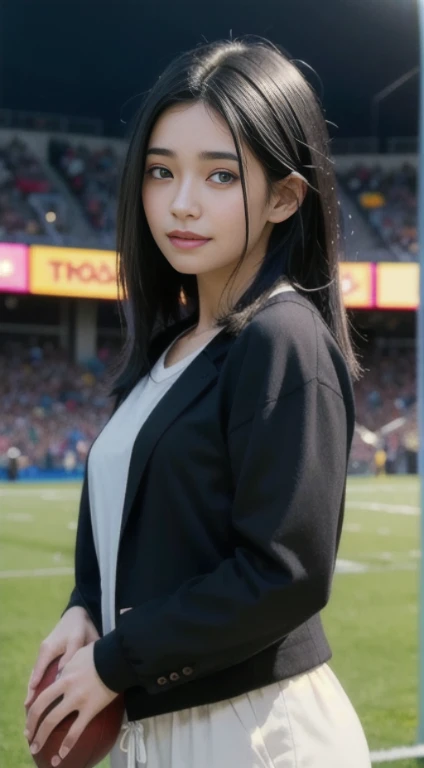 (8K, original photography, top quality, masterpiece: 1.2), (realistic, realistic: 1.37), ultra high resolution, (photon mapping: 1.2), Physically based rendering, 1 girl in (black hair: 1.3), double tails, a delicate face, (delicate eyes: 1.2), standing, looking at the audience, (cute little smile: 1.2), (happiness: 1.1), healing aura, (football field: 1.2), (evening: 1.2), Sweatpants, open blazer, White T-shirt, soft light,