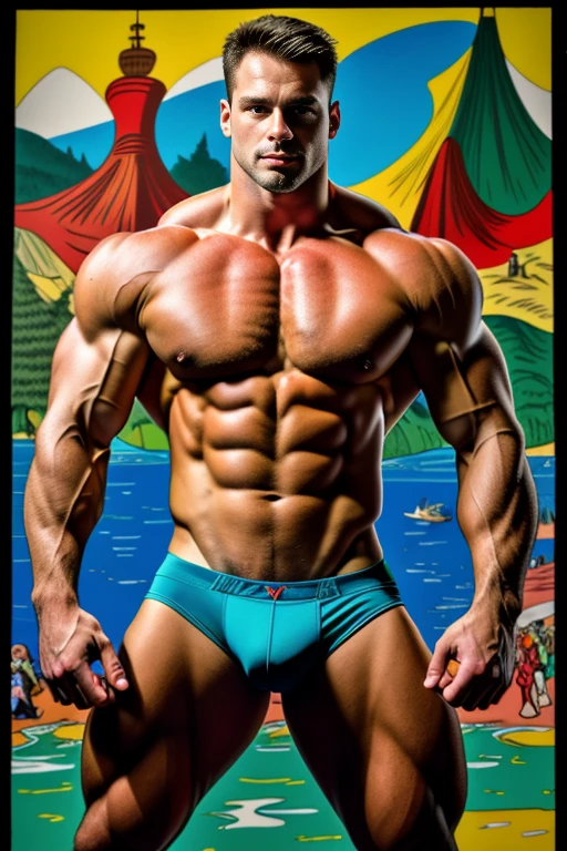 (A muscular man:vivid colors,shirtless:1.1,Kirbywood style,vintage color comics,showcasing:1.1,sharp focus,hi-res details,intricate features,creating,vivid colors,masterpiece:1.2,8k quality) cubism background, symmetrical poster