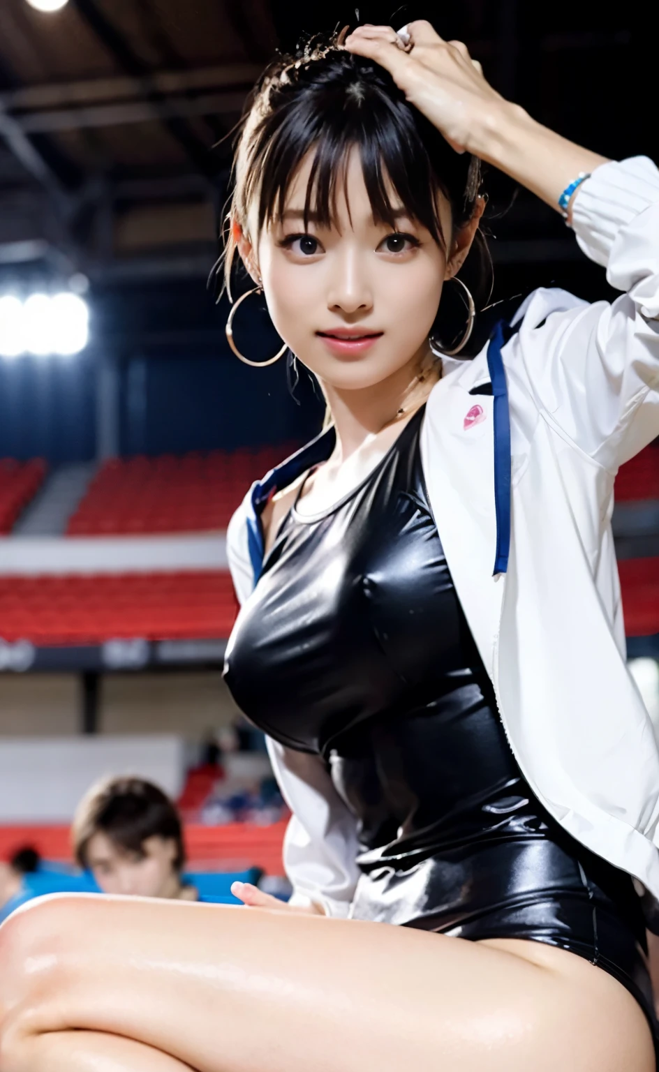 (((Perfect anatomy with detailed limbs and body))),(((Ulzan 6500))),Dynamic portraits that capture even the light in the eyes,(((A rhythmic gymnastics competition in front of a packed audience in a large indoor stadium))),A young and beautiful athlete posing with her head tilted over her shoulder wearing a body conscious long sleeve high neck high leg leotard during the floor competition))),A powerful tumbling technique,Big earrings and necklaces look great,Shoot the whole body in 4K from a high angle,A production like a scene from a movie,Don't miss the photo opportunity,A rare and breathtaking Coke bottle body,Be frozen in a moment of breathtaking splendor and elegance,The subject's graceful pose and fluid movements,Accented with light and shadow contrast particle effects,The style of the photo resembles a fantasy watercolor painting.,Emphasis on fluidity and beauty,Camera parameters: Nikon Z6,f/1.4 apertures,ISO320,shutter speed 1/500,8K highest quality,