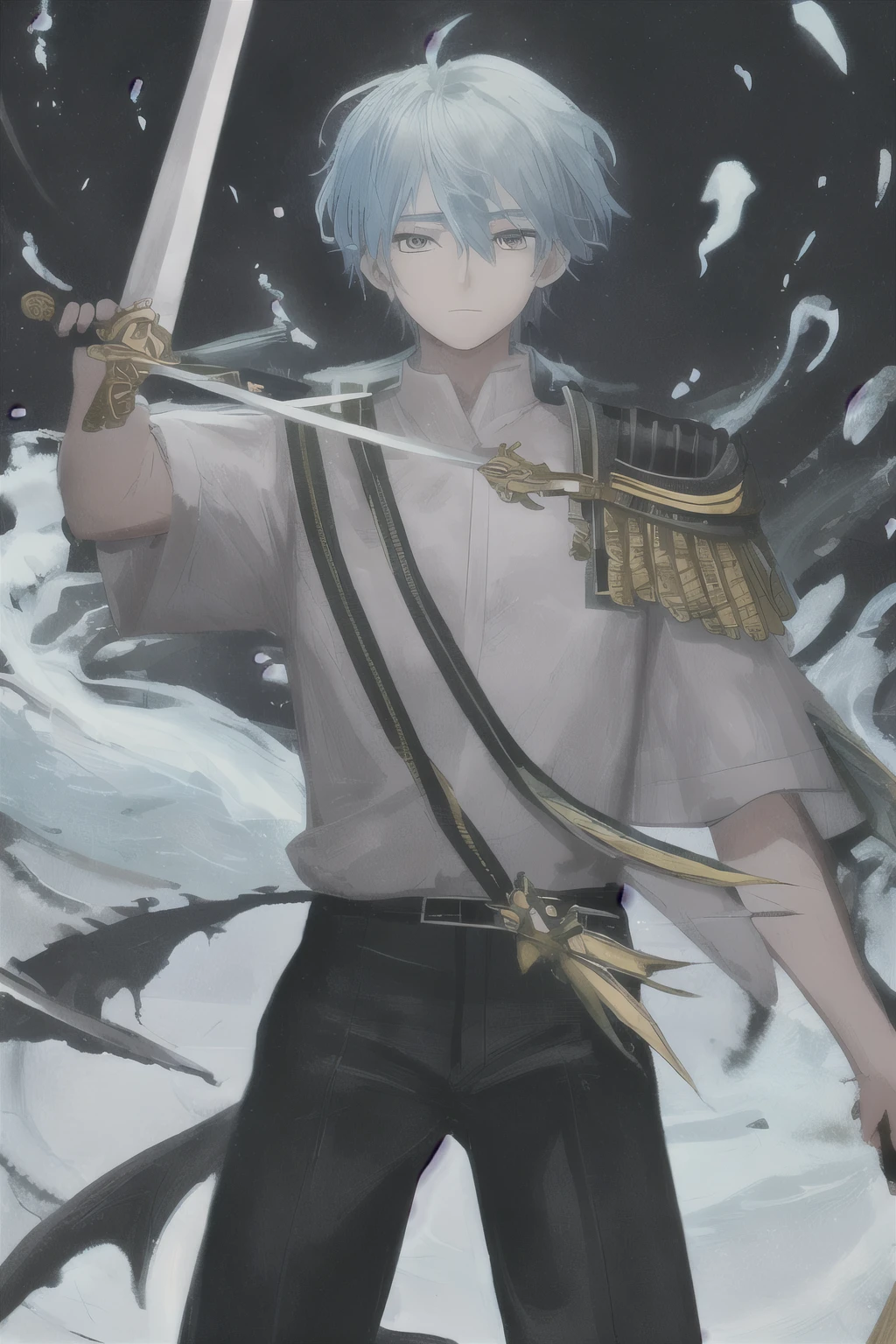 best quality, blue dragon background, A boy with light blue hair who looks like something out of a Japanese animation stands looking at the viewer with a large sword on his shoulder, and is standing alone wearing a white shirt and black pants.. Express only the upper body