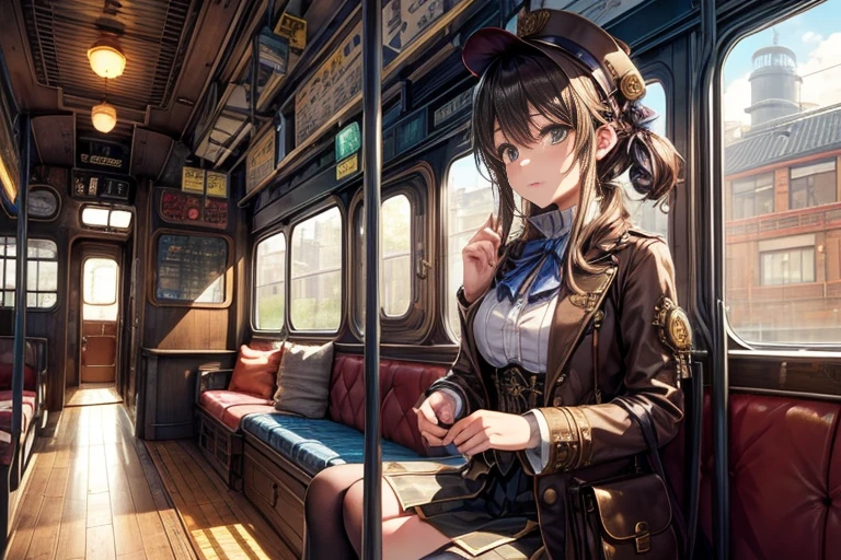steampunk、Locomotive、bus、outdoor、(busの屋上に立つ美女)