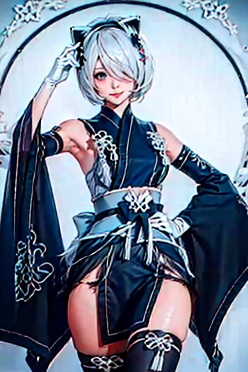 The right eye is hidden by hair,delicate drawing,light blue hair,Front facing,full body figure,smile,Cat eared girl,highest quality,long bangs,Filmography,Too much hair