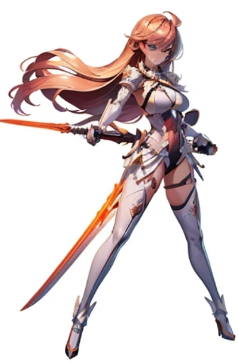 (((Best Quality))) , ((full body)), An adult female, white background, gauntlets, leotard, body stocking, (cropped shoulders), sword, holding sword, gloves,  orange, green, violet, white, pink, stand posture,