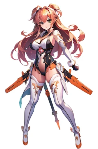 (((Best Quality))) , ((full body)), An adult female, white background, gauntlets, leotard, body stocking, (cropped shoulders), sword, holding sword, gloves,  orange, green, violet, white, pink, stand posture,