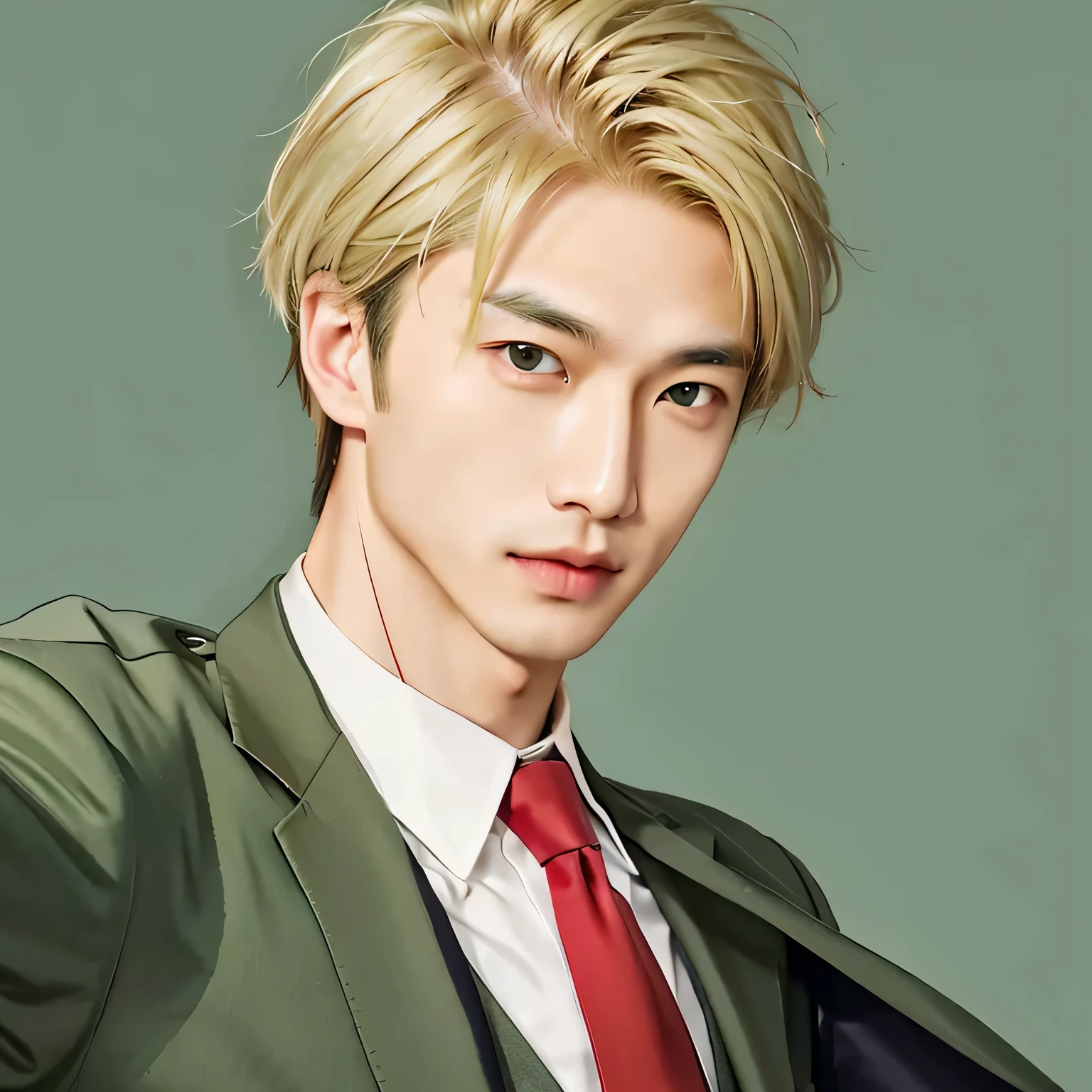 an asian man, (blonde hair),(green eyes),(olive green suit),(red tie), realistic