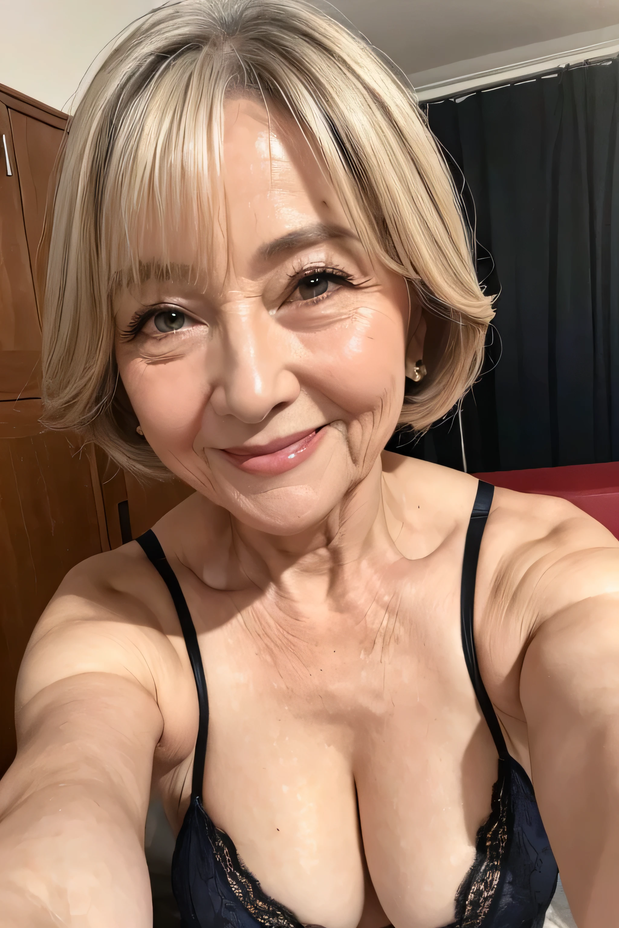 (Masterpiece:1.4),(67-year-old woman:1.4),(Wrinkles on the face1.2),smile,lingerie,sexy pose