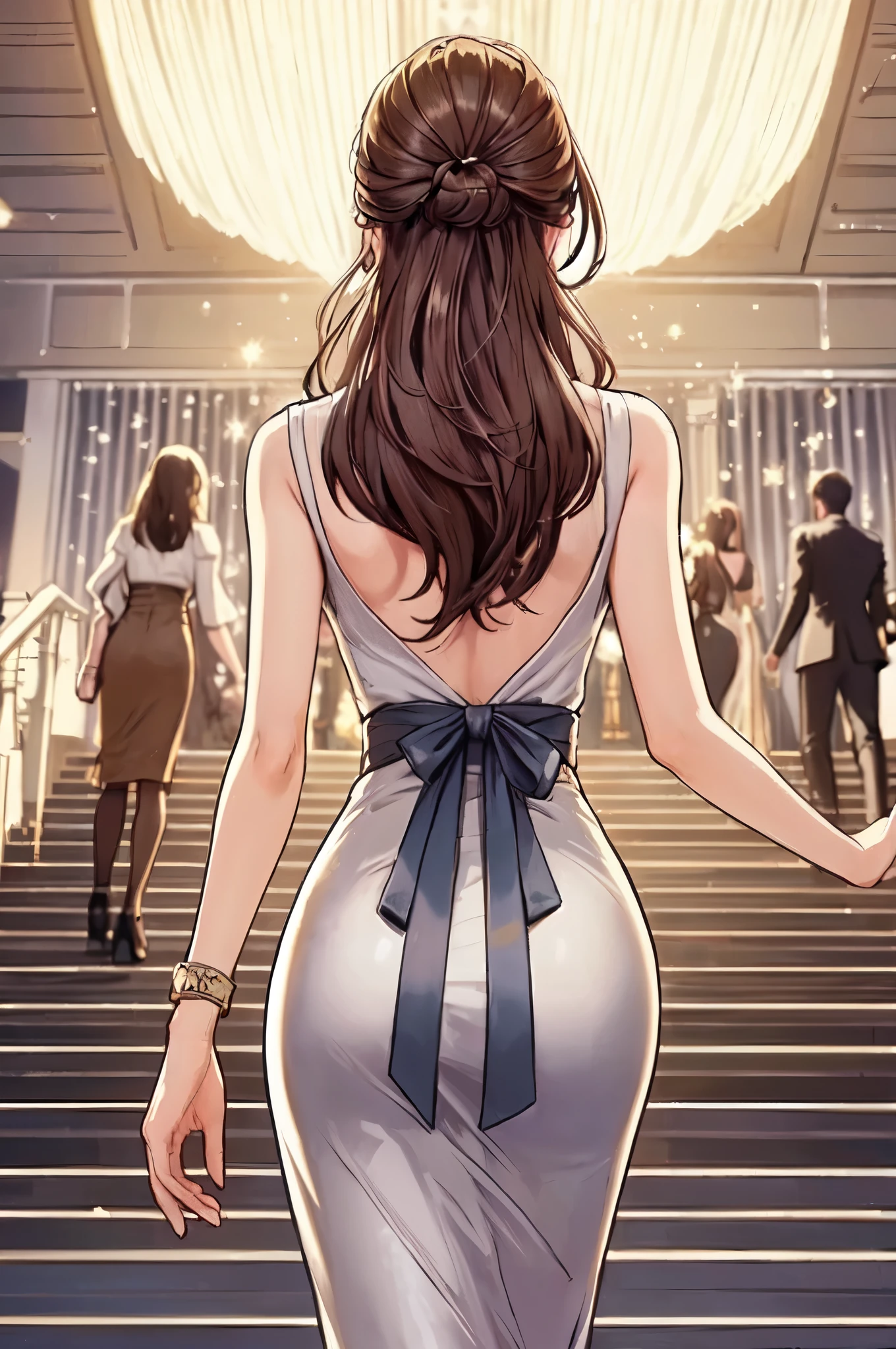 1lady solo, (back of head), from behind, going upstairs, from below, (pencil dress) stylish, sash belt, mature female, /(dark brown blond hair/), (masterpiece best quality:1.2) delicate illustration ultra-detailed BREAK (luxurious  venue) indoors, crowded, chandeliers, detailed background