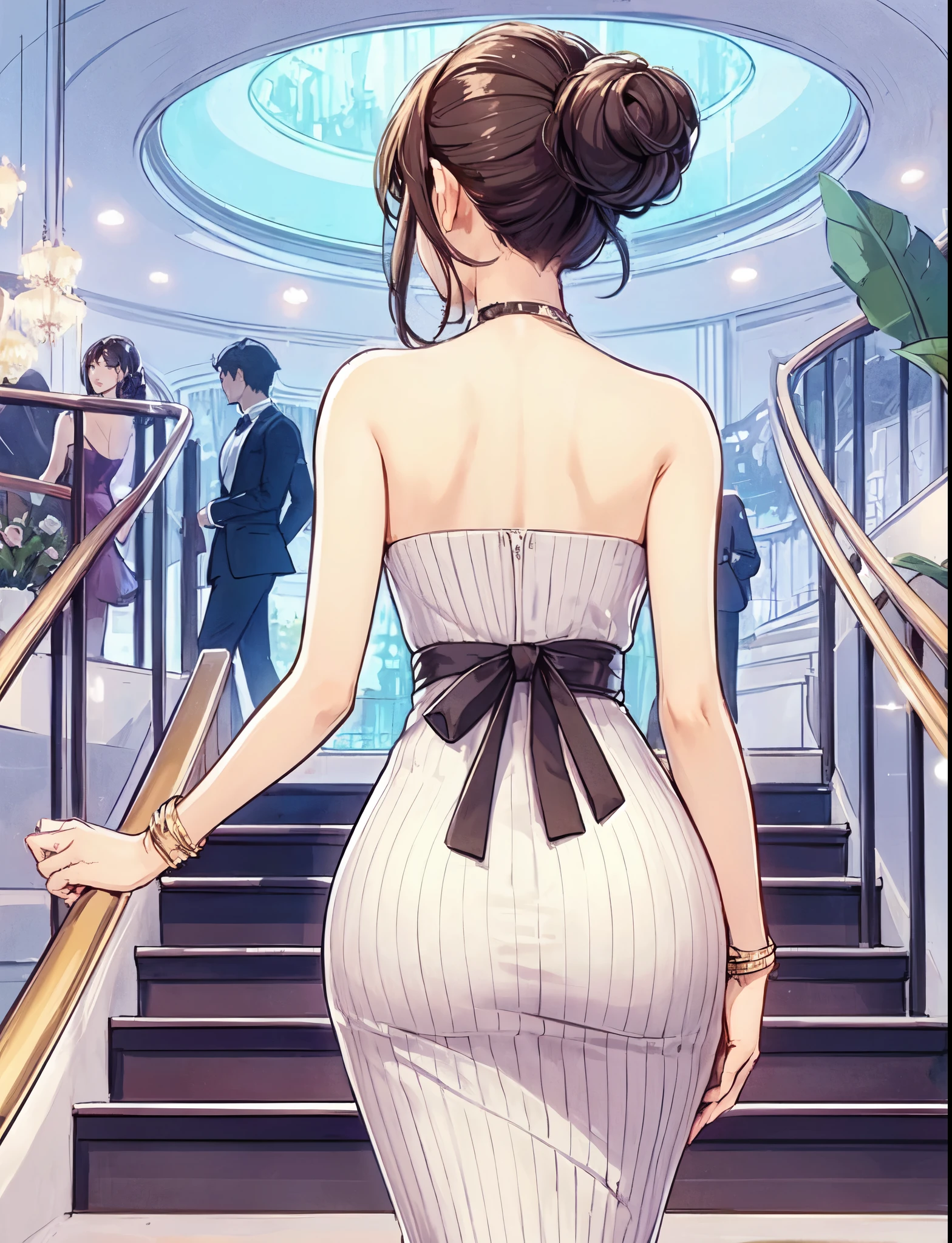 1lady solo, (back of head), from behind, going upstairs, from below, (pencil dress) stylish, sash belt, mature female, /(black hair/), (masterpiece best quality:1.2) delicate illustration ultra-detailed BREAK (luxurious venue) indoors, crowded, chandeliers, detailed background