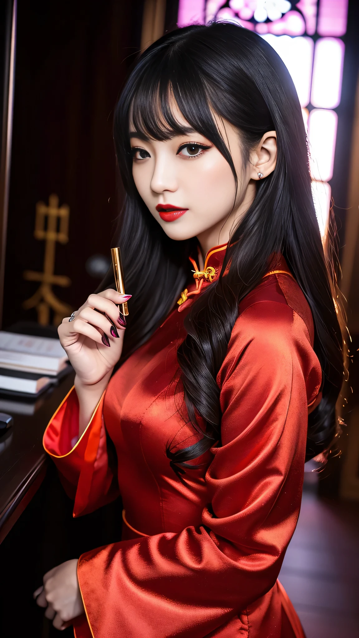 tra-detailed、Japanese、attractive beauty、seductive adult woman、pretty woman、piercing eyes、cool girl、chignon、wavy hair、swept bangs、Long Black and Gold Cheongsam、wide sleeves、Evil cadres、evil depravity、brainwash、mind control、lipstick、lip gloss、dark makeup、smirk、whisper in your ear、Evil expression、evil、hollow eyes,half-closed eyes、empty eyes、evil、church at night、vampire、succubus、vampire、Swear allegiance、sexy pose、hair ornaments、