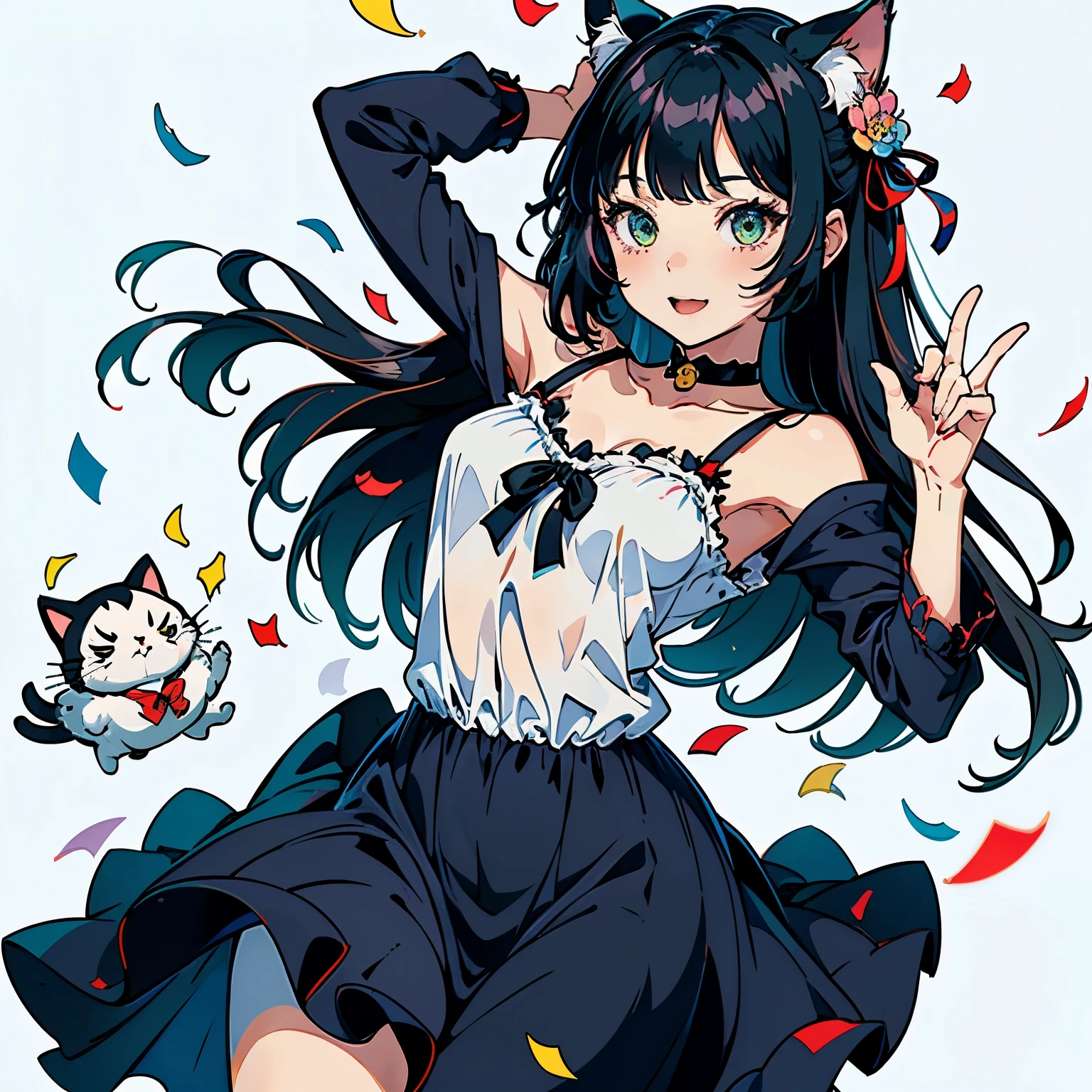 (highest quality, masterpiece, High resolution)、(anime art)、cinematic light、soft light、(1 girl)、black hair、Black cat costume、White Cat Costume、Tabby cat costume、Striped cat costume、Persian Cat Costume、3-color cat costume、(loose t-shirt)、loose shirt、off shoulder、sexy mini dress、(Cat ear)、bob cut、semi-long、bun hair、hair ornaments、choker、Cute face details、enchanting smile、small breasts、whole body、(cat pose)、((sexy gesture))、beckoning、playing、dance、Cat jarashi、((confetti、ribbon、petal、candy、is dancing in the air、Crackers popping、))、((white background))、