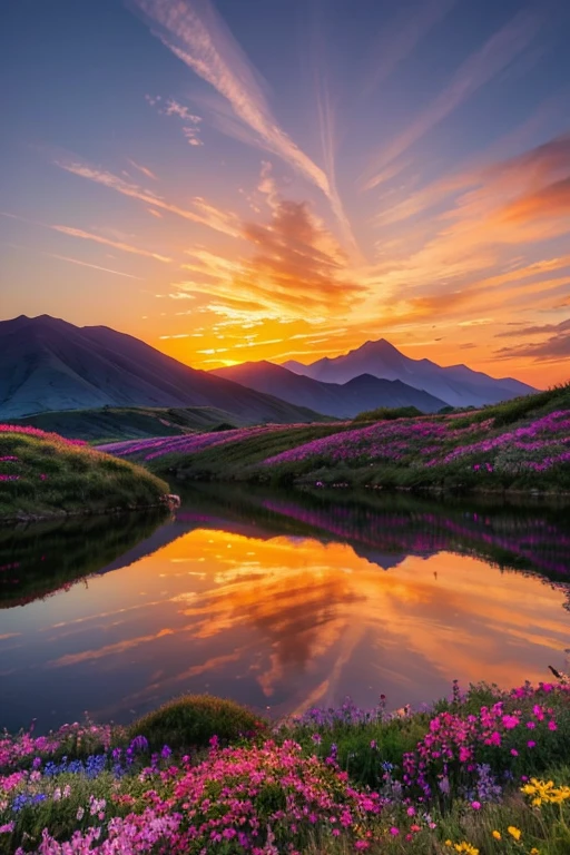 There is a beautiful sunset, the hillside is covered with flowers and plants, the flowers are up close, the colorful sky, the surreal colors, the colorful sunsets, the colorful sky, the marvelous sky reflection, the amazing sky, the fantastic atmosphere 8K, the colorful clouds, the color reflection on the lake, the surreal sky, the red and blue reflection, the fire reflection, the beautiful sky, the beautiful and spectacular dusk, the beautiful dream landscape, the amazing sky