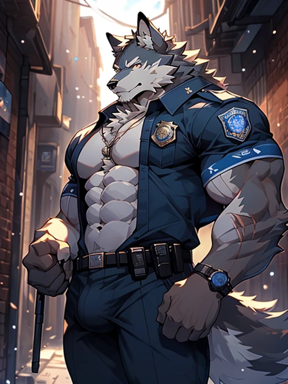 solo, kemono, (wolf), anthro (wolf), anthro, male, anthro male (wolf), anthro (wolf), tail,muscles, handsome, police uniform, bulge, big abs, cloudy, alley, depth of field, perfect lighting, (light particles),(best quality),(masterpiece),(ultra detailed),sharp focus, light particles, strong, serious,, rippled muscles, ultradetailed face, ultradetailed eyes, looking at viewer, good looking, bareness, ((detailed face)), holding a pistol, holding a gun, gun, pistol, shirtless, scars, ((genitalia overflow)), ((Male genitalia)), ((Genitalia slippage)), ((massive male genitalia)), ((Huge penis)), ((mass sperm)), ((cum))