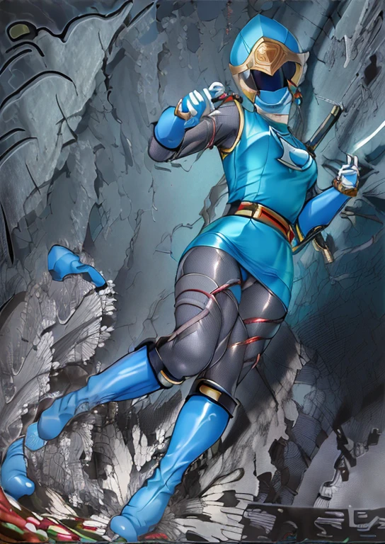 (best quality, masterpiece, RAW photo,ultra-detailed:1.2), 1girl, solo, keep head down, ((Hurricane Blue outfit, belt, gloves, helmet, blue spandex vest, sunglasses, blue boots, blue skirt, gray leggings, white gloves)), large breasts, (((spread legs:1.1))), nsfw, ((move to dark wet cave)),