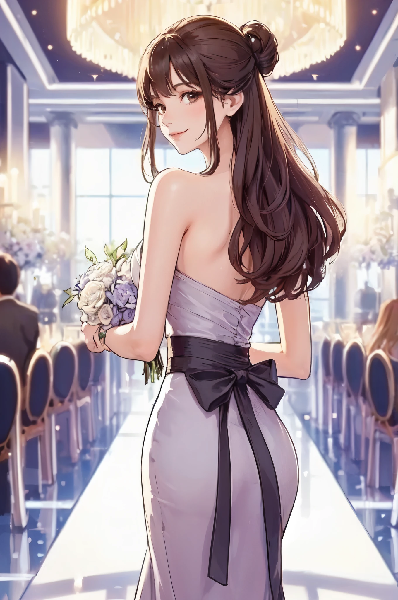 1lady solo, standing, (looking back) (from behind), (pencil dress) stylish, sash belt, mature female, /(dark brown hair/) bangs, kind smile, (closed mouth), (masterpiece best quality:1.2) delicate illustration ultra-detailed, large breasts BREAK (holding bouquet) BREAK (luxurious venue) indoors, crowded, chandeliers, detailed background