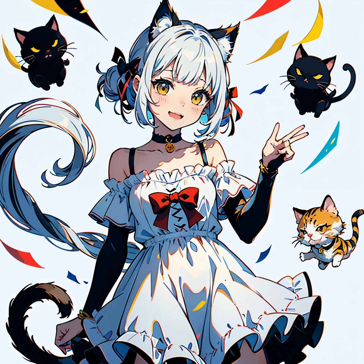 (highest quality, masterpiece, High resolution)、(anime art)、cinematic light、soft light、(1 girl)、black hair、Black cat costume、White Cat Costume、Tabby cat costume、Striped cat costume、Persian Cat Costume、3-color cat costume、(loose t-shirt)、loose shirt、off shoulder、sexy mini dress、(Cat ear)、bob cut、semi-long、bun hair、hair ornaments、choker、Cute face details、enchanting smile、small breasts、whole body、(cat pose)、((sexy gesture))、beckoning、playing、dance、Cat jarashi、((confetti、ribbon、petal、candy、is dancing in the air、Crackers popping、))、((white background))、