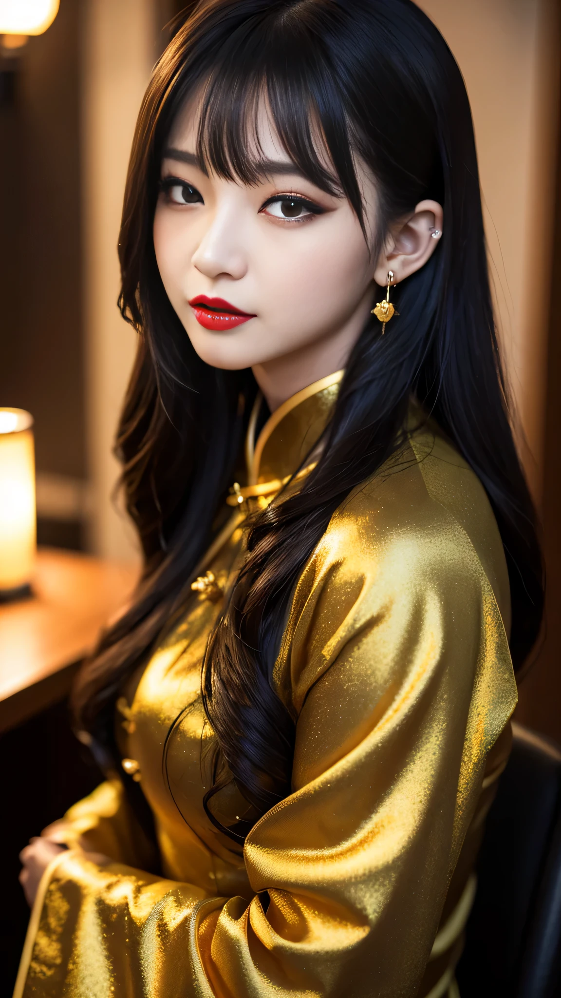 tra-detailed、Japanese、attractive beauty、seductive adult woman、pretty woman、piercing eyes、cool girl、wavy hair、swept bangs、Long Black and Gold Cheongsam、wide sleeves、Evil cadres、evil depravity、brainwash、mind control、lipstick、lip gloss、dark makeup、smirk、whisper in your ear、Evil expression、evil、hollow eyes,half-closed eyes、empty eyes、evil、church at night、vampire、succubus、vampire、Swear allegiance、sexy pose、hair ornaments、