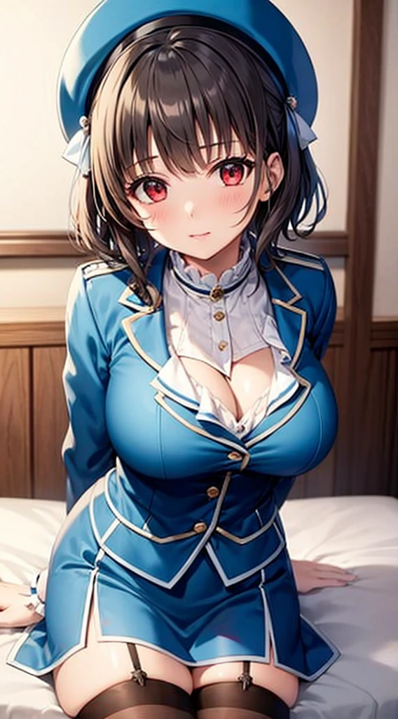 (masterpiece, highest quality:1.2),figure,8K,hd,1 girl,alone,Upper body,(portrait:1.2),Takao \(KanColle\),black hair,red eyes,short hair,big breasts,long sleeve,have,black gloves,black stockings,mini skirt,blue skirt,uniform,beret,garter strap,blue jacket,blue hat,pencil skirt,NSFW